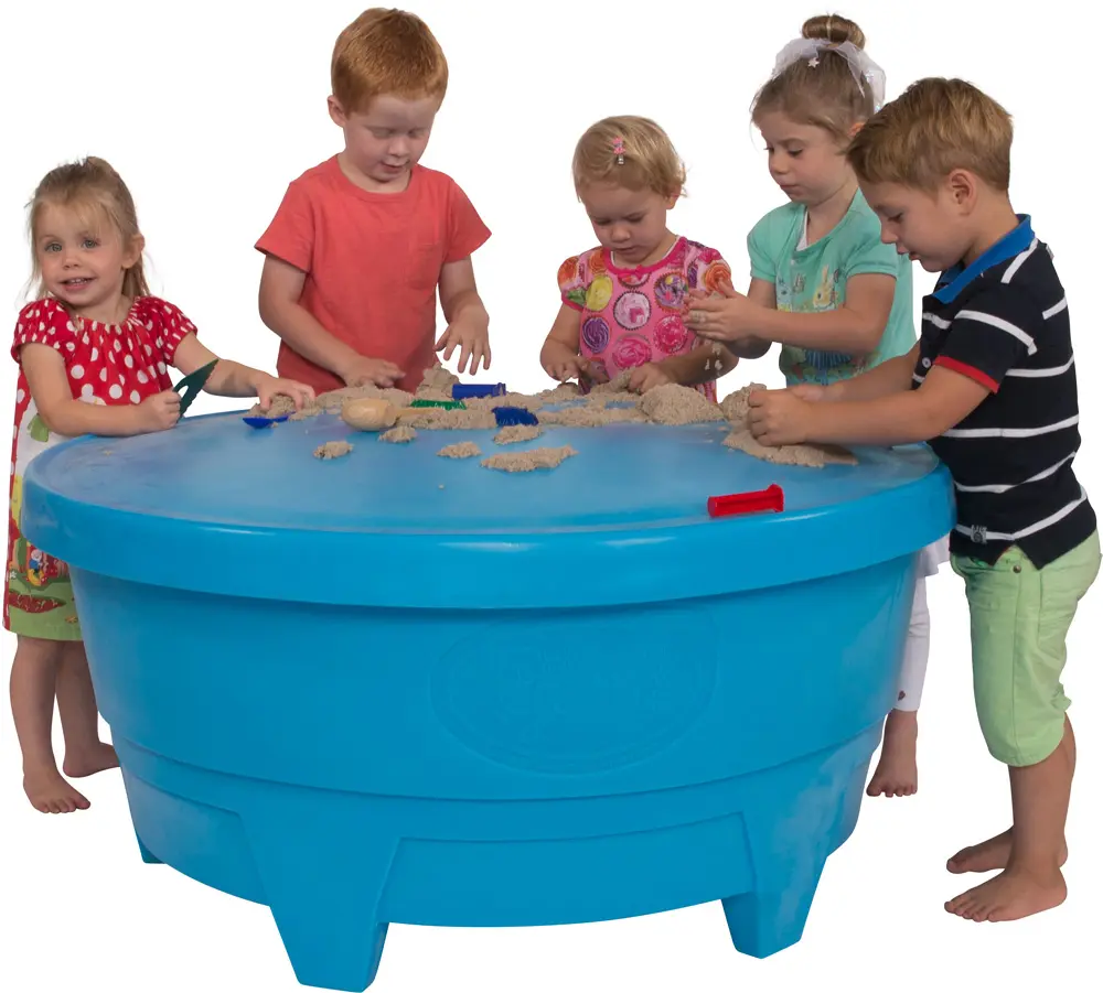 Five children gathered around an upright Blue All-in-One PlayTray doing sand play